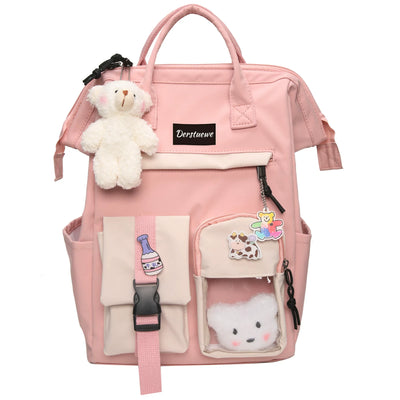 Derstuewe Kawaii Backpack for Girls Women, Backpack with Pin Bear Accessories for College High School Bookbags, Purple