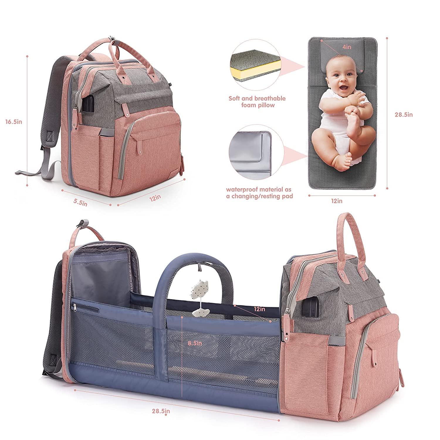 SNDMOR Diaper Bag Backpack, Baby Diaper Bag with Changing Table